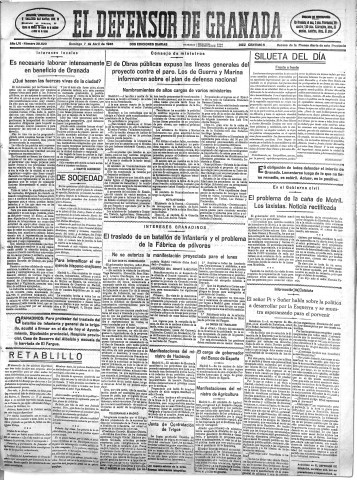 'El Defensor de Granada  : diario político independiente' - Año LVI Número 29820 Ed. Mañana - 1935 Abril 07