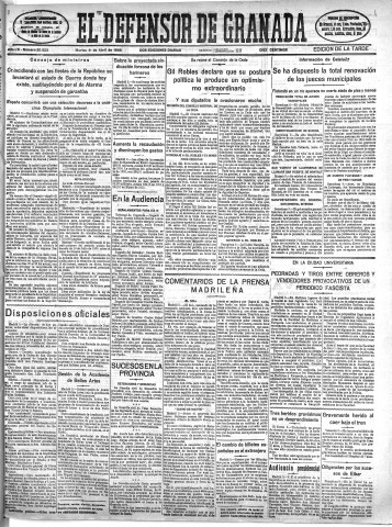 'El Defensor de Granada  : diario político independiente' - Año LVI Número 29823 Ed. Tarde - 1935 Abril 09