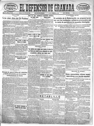 'El Defensor de Granada  : diario político independiente' - Año LVI Número 29826 Ed. Mañana - 1935 Abril 11