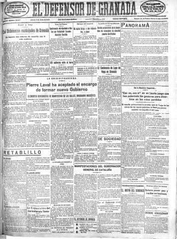'El Defensor de Granada  : diario político independiente' - Año LVI Número 29917 Ed. Mañana - 1935 Junio 06