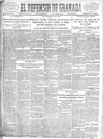 'El Defensor de Granada  : diario político independiente' - Año LVI Número 29922 Ed. Tarde - 1935 Junio 08