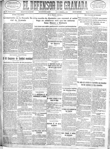 'El Defensor de Granada  : diario político independiente' - Año LVI Número 29937 Ed. Mañana - 1935 Junio 18