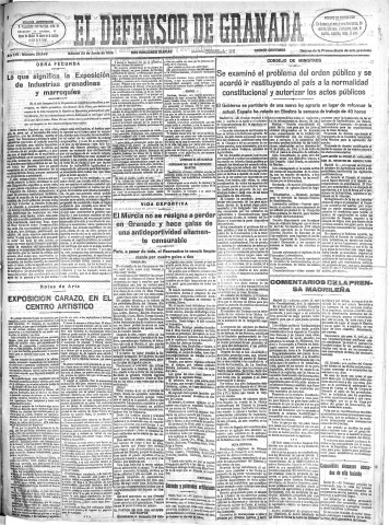 'El Defensor de Granada  : diario político independiente' - Año LVI Número 29946 Ed. Mañana - 1935 Junio 22