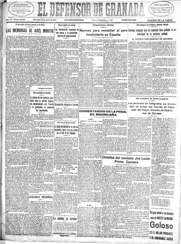 'El Defensor de Granada  : diario político independiente' - Año LVI Número 29953 Ed. Tarde - 1935 Junio 26