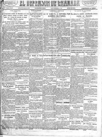 'El Defensor de Granada  : diario político independiente' - Año LVI Número 29955 Ed. Tarde - 1935 Junio 27