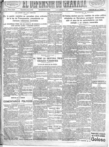 'El Defensor de Granada  : diario político independiente' - Año LVI Número 29959 Ed. Tarde - 1935 Junio 29