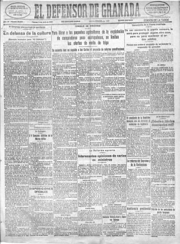 'El Defensor de Granada  : diario político independiente' - Año LVI Número 29969 Ed. Tarde - 1935 Julio 05