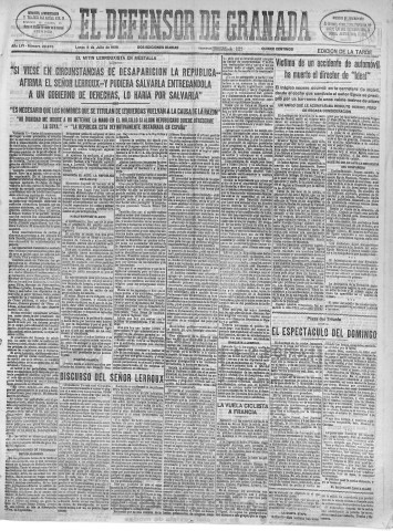 'El Defensor de Granada  : diario político independiente' - Año LVI Número 29973 Ed. Tarde - 1935 Julio 08