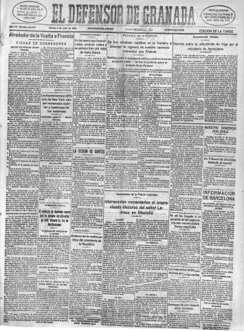 'El Defensor de Granada  : diario político independiente' - Año LVI Número 29975 Ed. Tarde - 1935 Julio 09