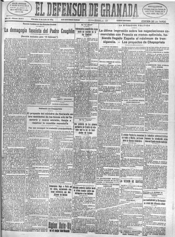 'El Defensor de Granada  : diario político independiente' - Año LVI Número 29977 Ed. Tarde - 1935 Julio 10