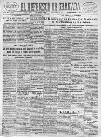 'El Defensor de Granada  : diario político independiente' - Año LVI Número 29978 Ed. Mañana - 1935 Julio 11