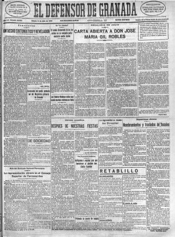 'El Defensor de Granada  : diario político independiente' - Año LVI Número 29982 Ed. Mañana - 1935 Julio 13