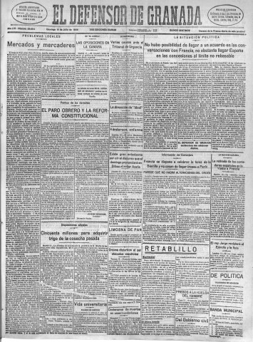 'El Defensor de Granada  : diario político independiente' - Año LVI Número 29984 Ed. Mañana - 1935 Julio 14