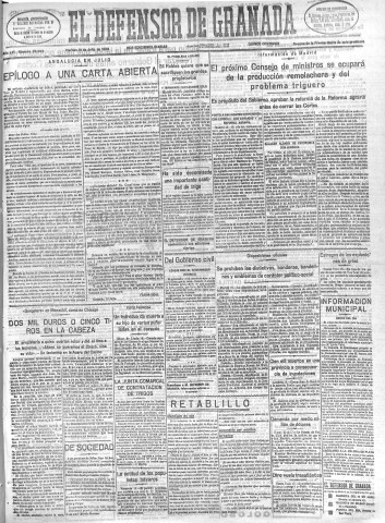 'El Defensor de Granada  : diario político independiente' - Año LVI Número 29992 Ed. Mañana - 1935 Julio 19