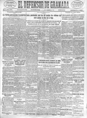 'El Defensor de Granada  : diario político independiente' - Año LVI Número 29993 Ed. Tarde - 1935 Julio 19