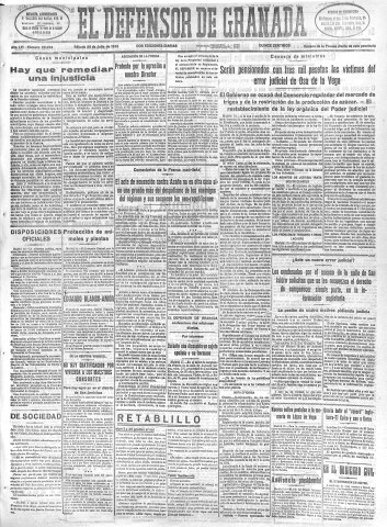 'El Defensor de Granada  : diario político independiente' - Año LVI Número 29994 Ed. Mañana - 1935 Julio 20