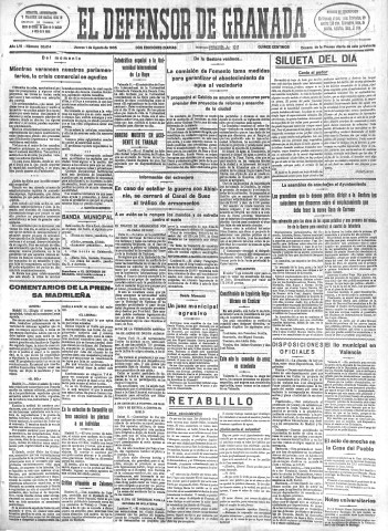 'El Defensor de Granada  : diario político independiente' - Año LVI Número 30014 Ed. Mañana - 1935 Agosto 01