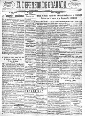 'El Defensor de Granada  : diario político independiente' - Año LVI Número 30018 Ed. Mañana - 1935 Agosto 03