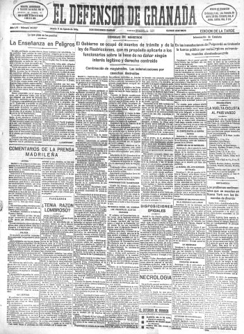 'El Defensor de Granada  : diario político independiente' - Año LVI Número 30027 Ed. Tarde - 1935 Agosto 08