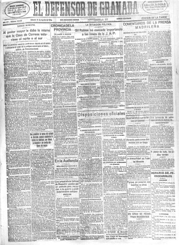 'El Defensor de Granada  : diario político independiente' - Año LVI Número 30031 Ed. Tarde - 1935 Agosto 10