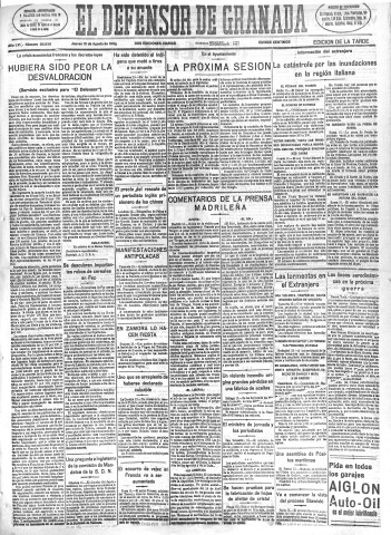 'El Defensor de Granada  : diario político independiente' - Año LVI Número 30038 Ed. Tarde - 1935 Agosto 15