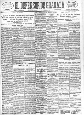 'El Defensor de Granada  : diario político independiente' - Año LVI Número 30041 Ed. Tarde - 1935 Agosto 17