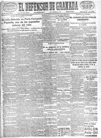'El Defensor de Granada  : diario político independiente' - Año LVI Número 30043 Ed. Tarde - 1935 Agosto 19
