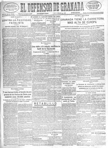 'El Defensor de Granada  : diario político independiente' - Año LVI Número 30046 Ed. Mañana - 1935 Agosto 21