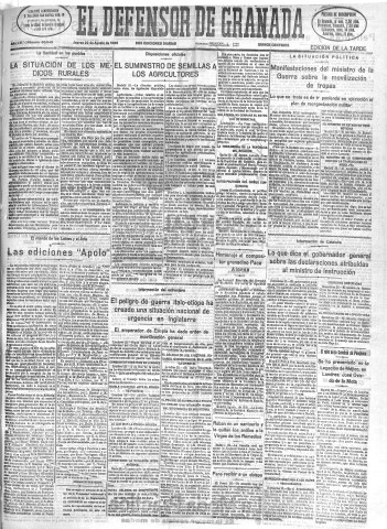 'El Defensor de Granada  : diario político independiente' - Año LVI Número 30049 Ed. Tarde - 1935 Agosto 22