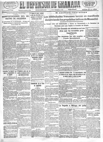 'El Defensor de Granada  : diario político independiente' - Año LVI Número 30051 Ed. Tarde - 1935 Agosto 23