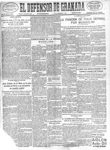 'El Defensor de Granada  : diario político independiente' - Año LVI Número 30053 Ed. Tarde - 1935 Agosto 24