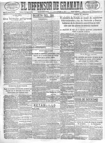 'El Defensor de Granada  : diario político independiente' - Año LVI Número 30062 Ed. Mañana - 1935 Agosto 30