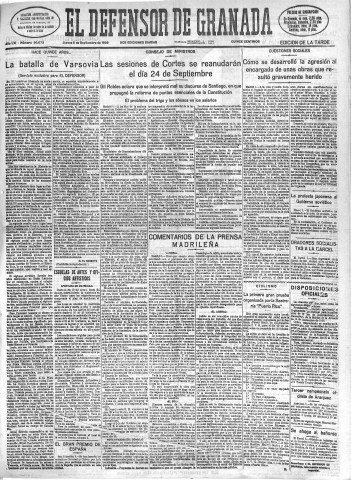 'El Defensor de Granada  : diario político independiente' - Año LVI Número 30073 Ed. Tarde - 1935 Septiembre 05