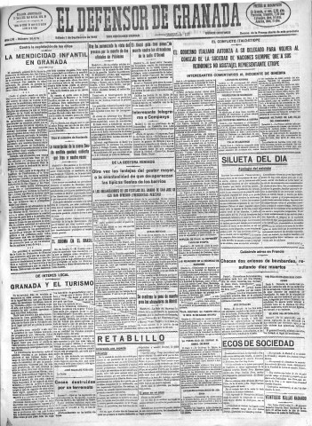'El Defensor de Granada  : diario político independiente' - Año LVI Número 30076 Ed. Mañana - 1935 Septiembre 07