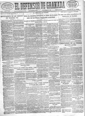 'El Defensor de Granada  : diario político independiente' - Año LVI Número 30081 Ed. Tarde - 1935 Septiembre 10