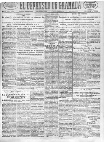 'El Defensor de Granada  : diario político independiente' - Año LVI Número 30085 Ed. Tarde - 1935 Septiembre 12