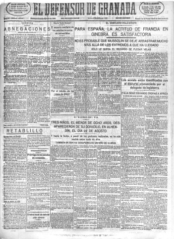 'El Defensor de Granada  : diario político independiente' - Año LVI Número 30090 Ed. Mañana - 1935 Septiembre 15