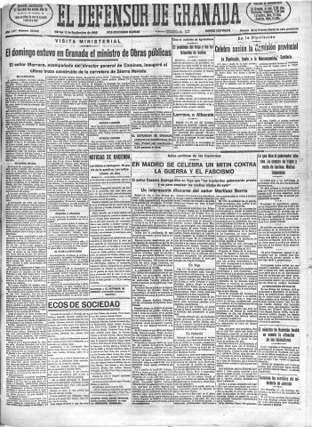 'El Defensor de Granada  : diario político independiente' - Año LVI Número 30092 Ed. Mañana - 1935 Septiembre 17
