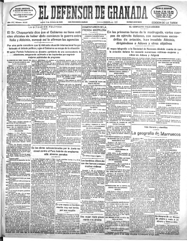 'El Defensor de Granada  : diario político independiente' - Año LVI Número 30121 Ed. Tarde - 1935 Octubre 03