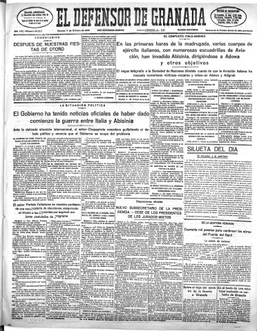 'El Defensor de Granada  : diario político independiente' - Año LVI Número 30122 Ed. Mañana - 1935 Octubre 04