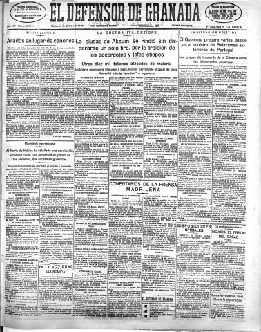 'El Defensor de Granada  : diario político independiente' - Año LVI Número 30141 Ed. Tarde - 1935 Octubre 15