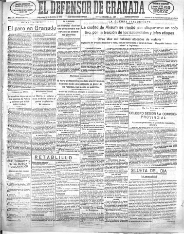 'El Defensor de Granada  : diario político independiente' - Año LVI Número 30142 Ed. Mañana - 1935 Octubre 16