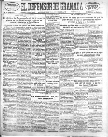'El Defensor de Granada  : diario político independiente' - Año LVI Número 30143 Ed. Tarde - 1935 Octubre 16