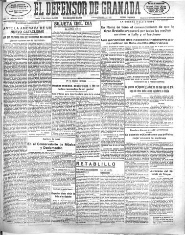 'El Defensor de Granada  : diario político independiente' - Año LVI Número 30144 Ed. Mañana - 1935 Octubre 17