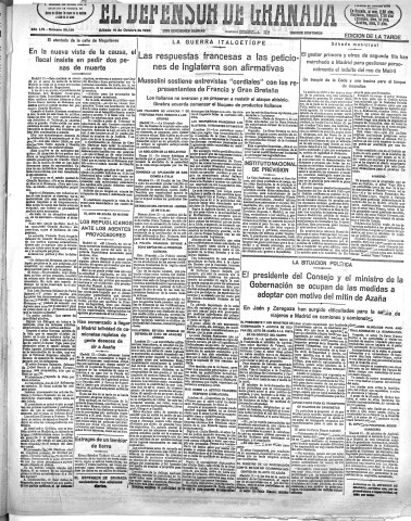 'El Defensor de Granada  : diario político independiente' - Año LVI Número 30149 Ed. Tarde - 1935 Octubre 19