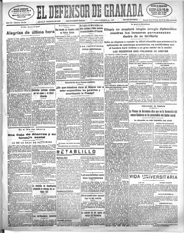 'El Defensor de Granada  : diario político independiente' - Año LVI Número 30168 Ed. Mañana - 1935 Octubre 31