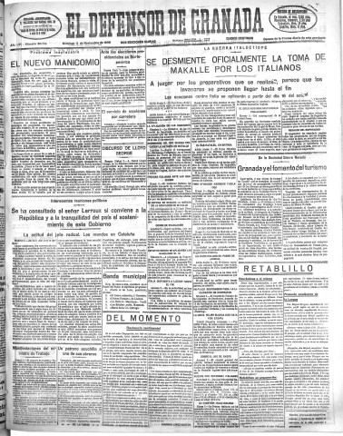 'El Defensor de Granada  : diario político independiente' - Año LVI Número 30174 Ed. Mañana - 1935 Noviembre 03