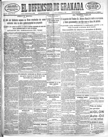 'El Defensor de Granada  : diario político independiente' - Año LVI Número 30175 Ed. Tarde - 1935 Noviembre 04
