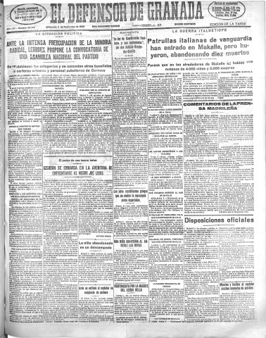 'El Defensor de Granada  : diario político independiente' - Año LVI Número 30179 Ed. Tarde - 1935 Noviembre 06