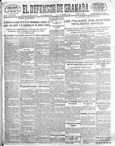 'El Defensor de Granada  : diario político independiente' - Año LVI Número 30183 Ed. Tarde - 1935 Noviembre 08